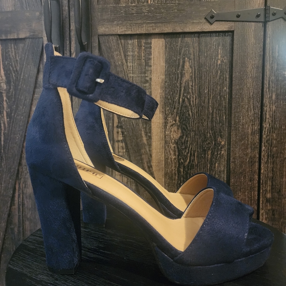 IDIFU Blue Heels with Ankle Strap and Wedge Design
